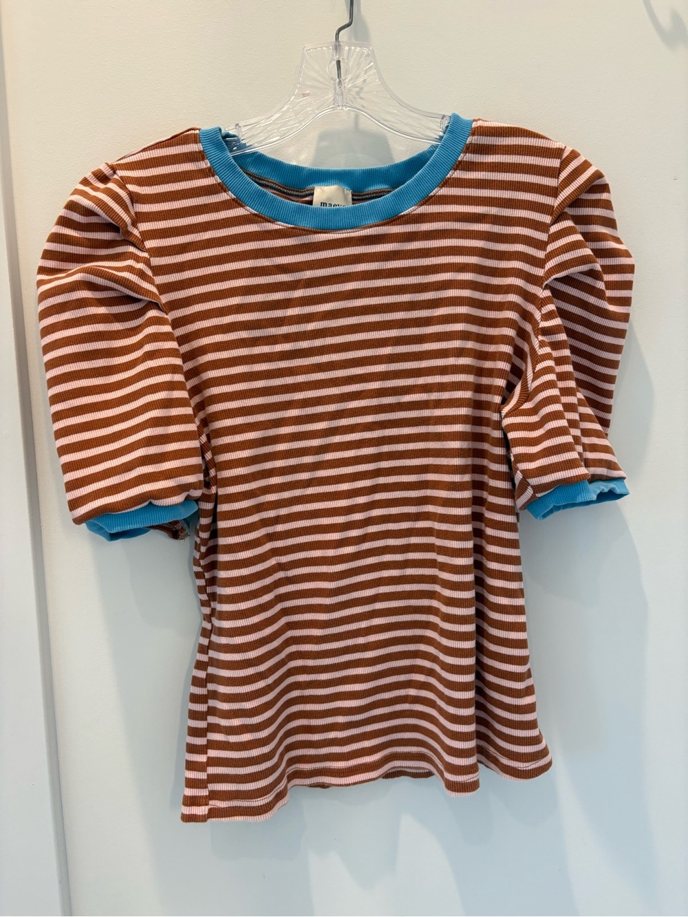Maeve Brown & Cream Striped Puff Sleeve Tee with Blue Trim